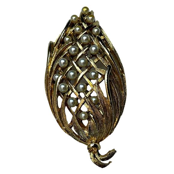 Lisner Vtg Brushed Gold Tone Faux Pearls Leaf Wheat Flower Bud Seed Brooch Pin - Picture 2 of 4